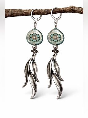 Boho Turquoise Flower & Silver Leaf Statement Earrings | Artisan Design
